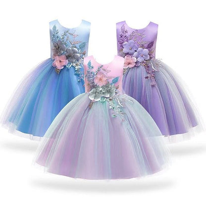Purple Floral Blue Party Lace Girls' Dress Blushing Kids