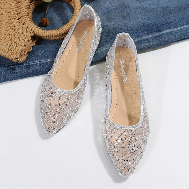 Flats Sequin Silver Ballet – Elegant Mesh Women's