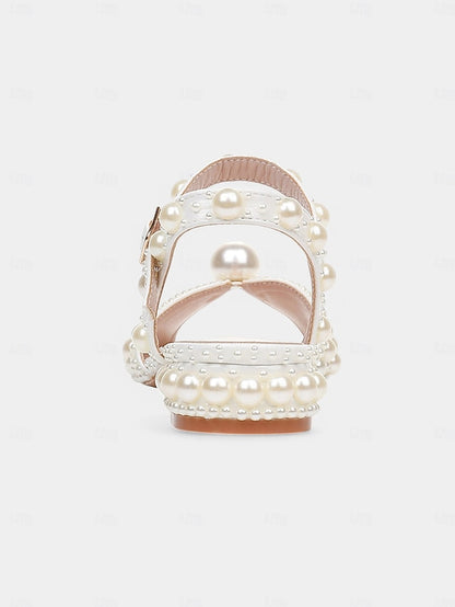 Pearl-Embellished Women's Sandals Low Heel – White