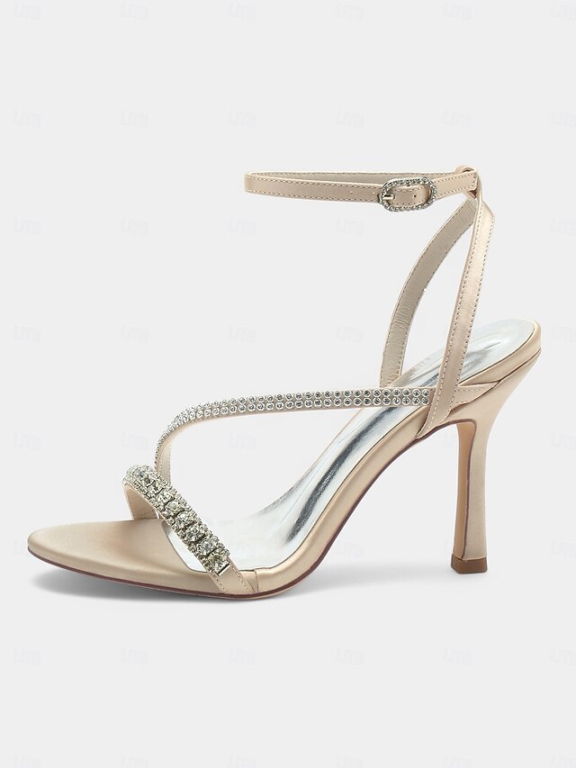 Champagne Satin Sophisticated Strappy Rhinestone Heels –