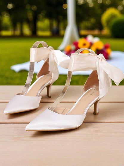 Heel Kitten Ribbon with Women's Pointed-Toe Shoes Satin