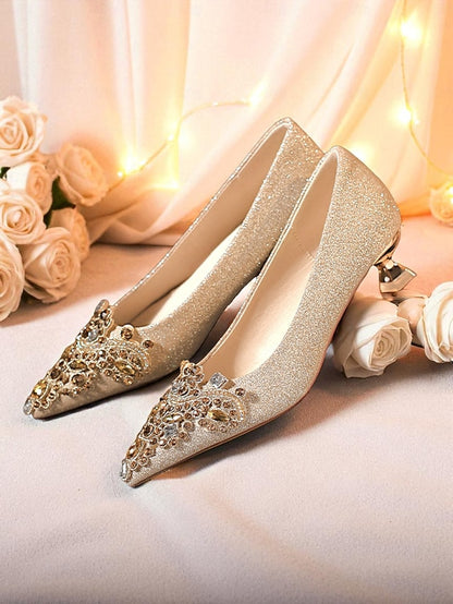 with Glitter Low Pointed-Toe Gold Pumps Heel Women's