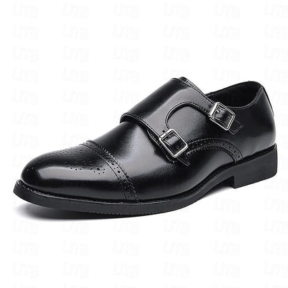 Men's Monk with Strap Brown Double Shoes Faux Leather