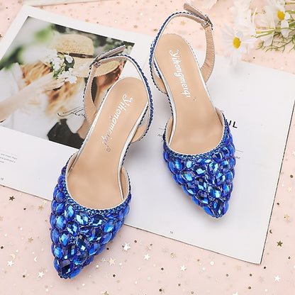 Heels Women's Crystal Slingback High Rhinestone Pointed-Toe