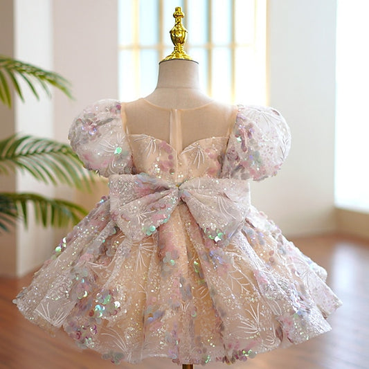 Solid Sleeve Dress Kids Short Color Party Girls'