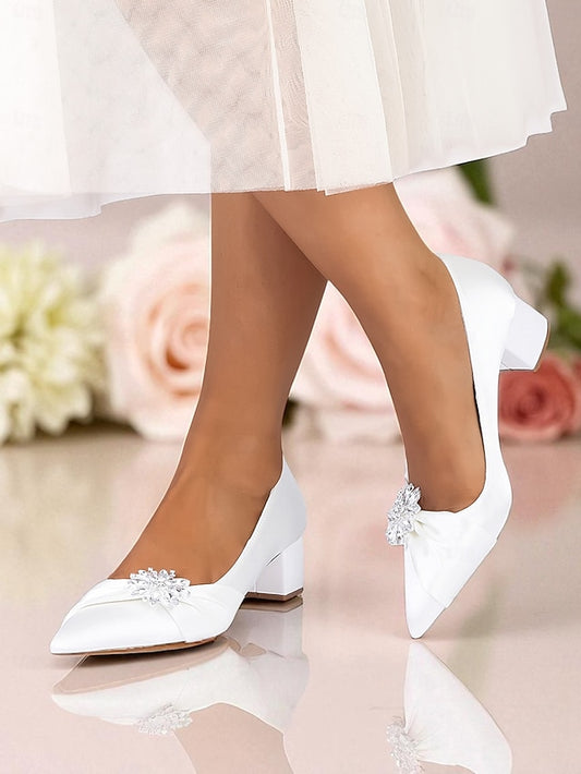 Women's Crystal Heel Pumps Block Low with White