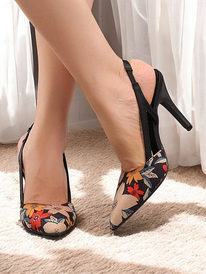 – Floral Pointed Heels Toe Slingback Women's High Elegant