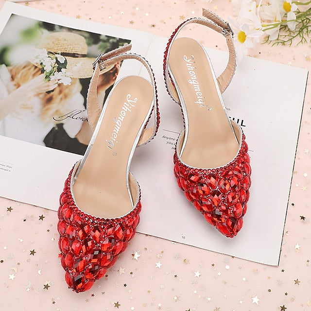Heels Women's Crystal Slingback High Rhinestone Pointed-Toe