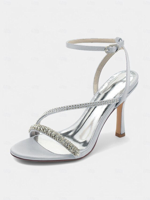 Champagne Satin Sophisticated Strappy Rhinestone Heels –