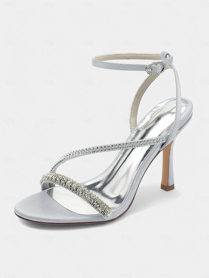 Champagne Satin Sophisticated Strappy Rhinestone Heels –