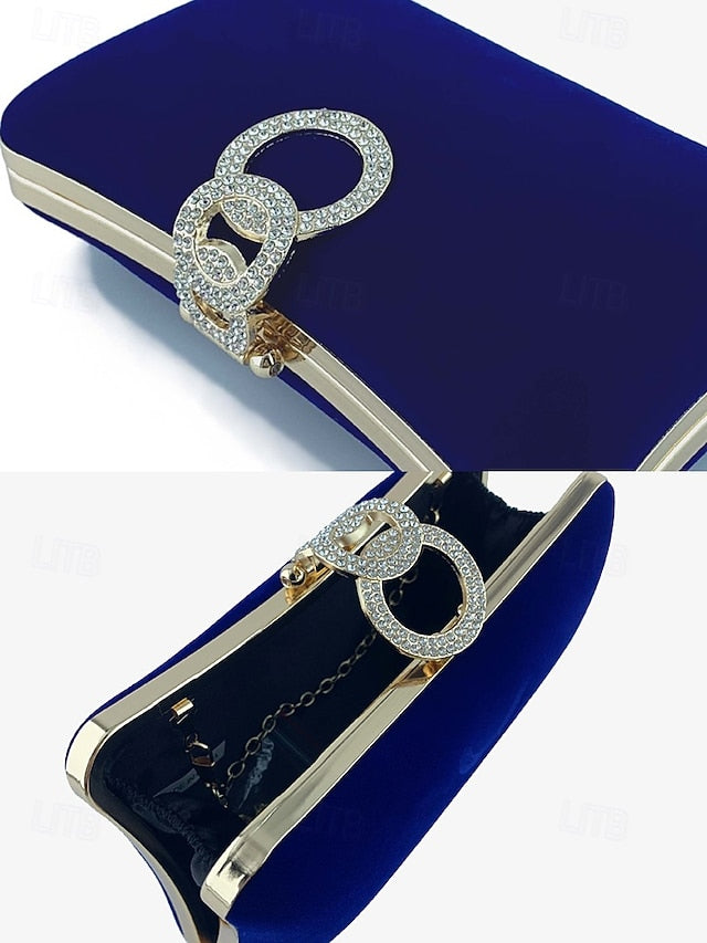 Women's Elegant Clutch Blue Ring Rhinestone Bag Velvet with