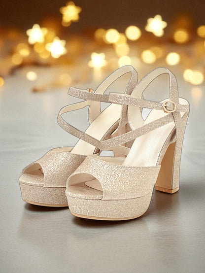 Heel Sandals Ankle Strap with Women's Glitter High Platform