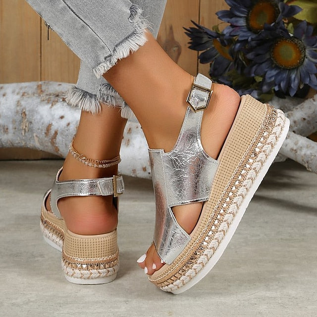 Faux Platform Leather Gold Metallic Espadrille Women's