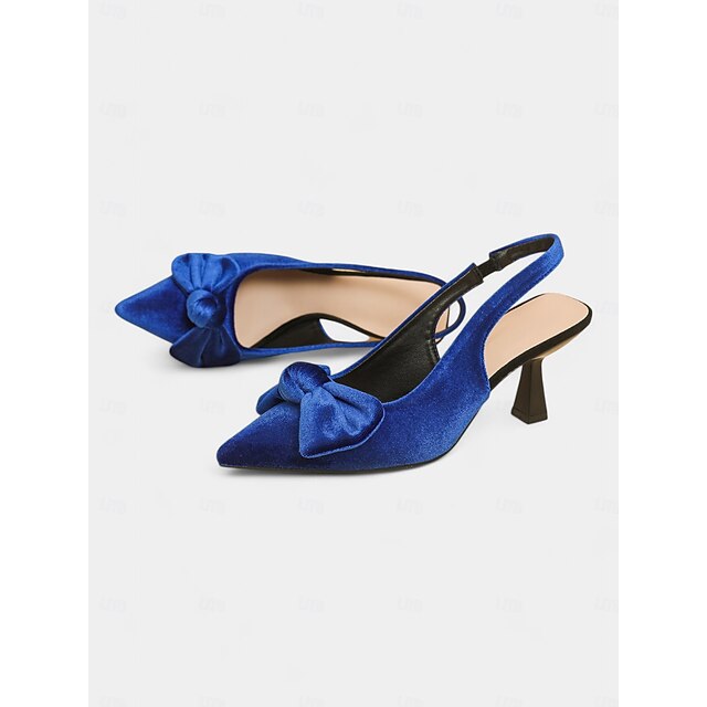 with Toe Blue Women's Velvet Heels Pointed Slingback Bow