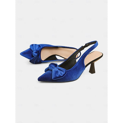 with Toe Blue Women's Velvet Heels Pointed Slingback Bow
