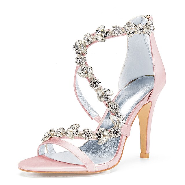 High Satin Sandals Floral Pink Heel Rhinestone with Women's