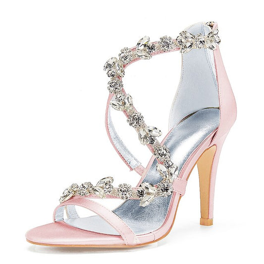 High Satin Sandals Floral Pink Heel Rhinestone with Women's