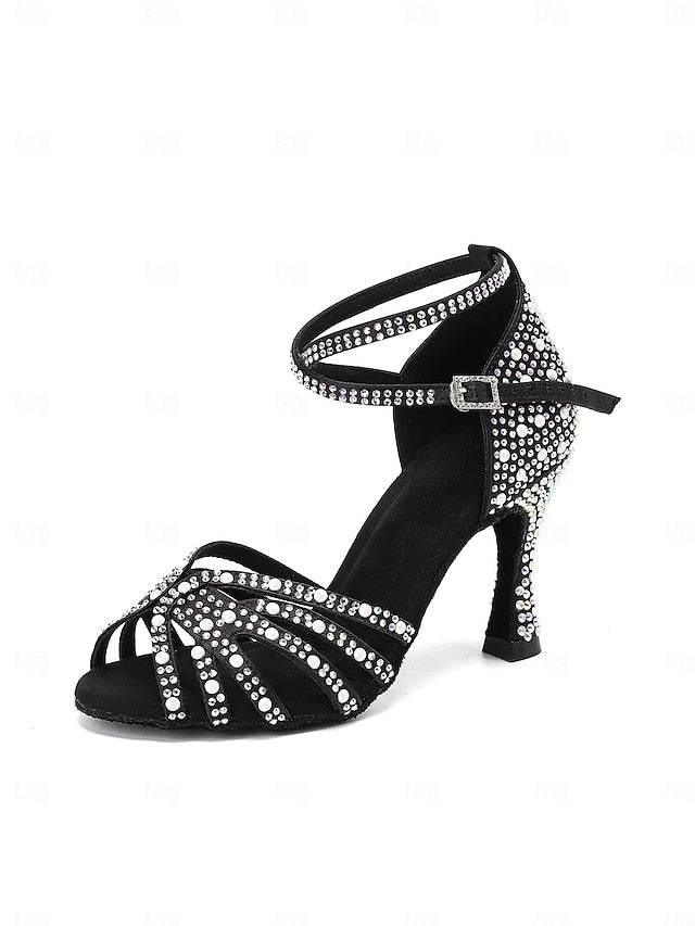 Rhinestone-Embellished Latin Tan High Sandals Dance with Heel