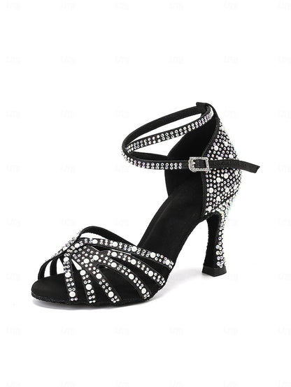 Rhinestone-Embellished Latin Tan High Sandals Dance with Heel