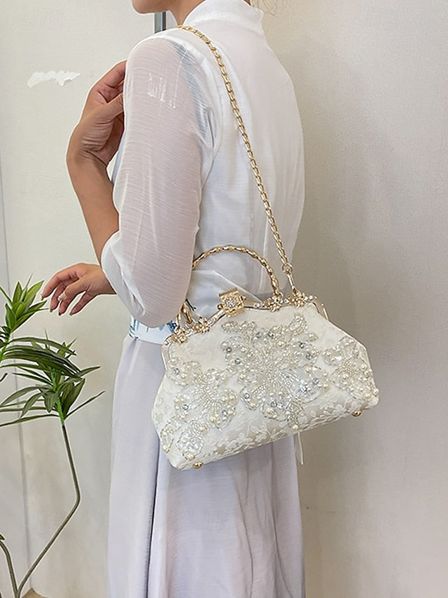 Evening White and Elegant Floral with Pearl Handbag Lace