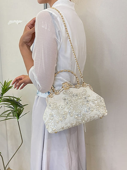 Evening White and Elegant Floral with Pearl Handbag Lace