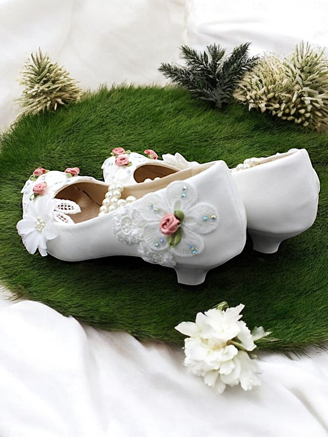 for Shoes Low Strap Heel Bridal White Floral Pearl Embellished