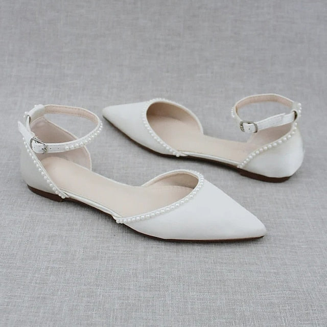 Flat White Women's with Pearl-Embellished Toe Pointed Shoes