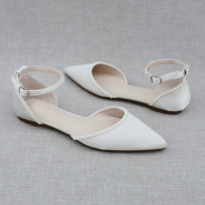 Flat White Women's with Pearl-Embellished Toe Pointed Shoes
