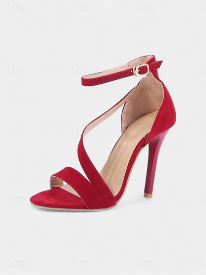 Women's Strappy Suede Sandals Open-Toe High - Stiletto Red