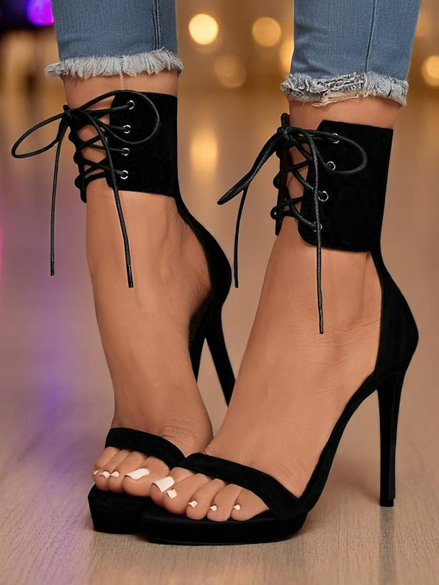 Sandals Lace-Up Sexy Strap - Black Heel High Ankle Women's