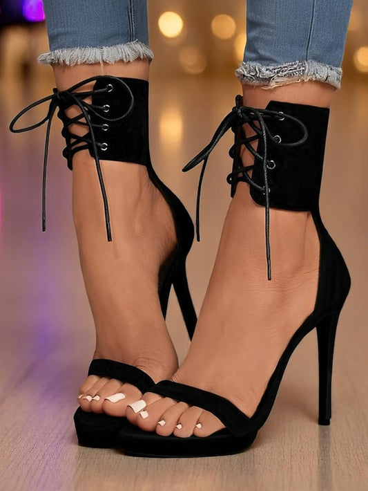 Sandals Lace-Up Sexy Strap - Black Heel High Ankle Women's