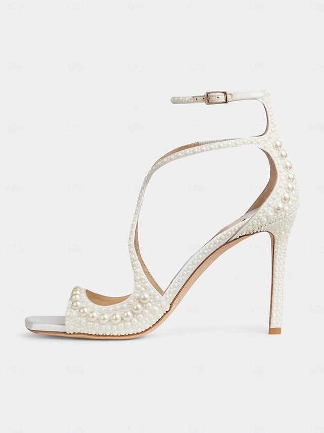 White Open-Toe Sandals Stiletto Pearl-Embellished with Ankle
