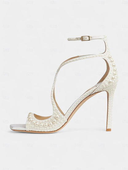 White Open-Toe Sandals Stiletto Pearl-Embellished with Ankle