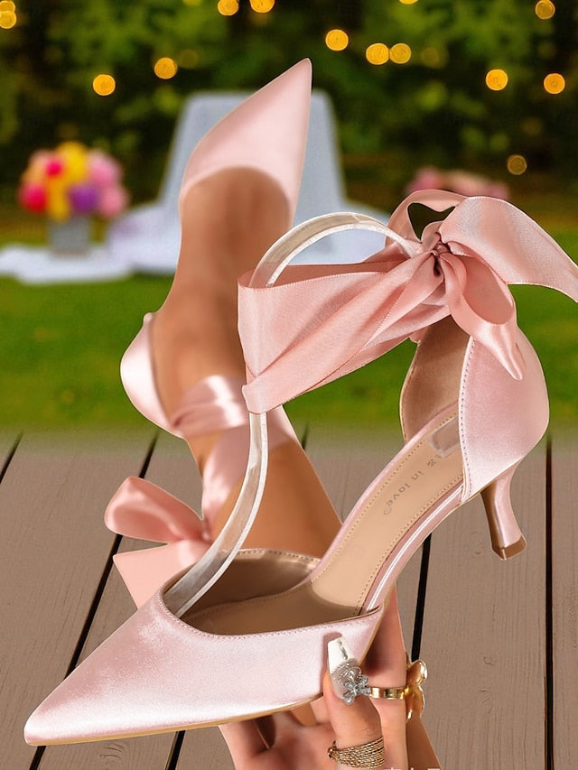 Heel Kitten Ribbon with Women's Pointed-Toe Shoes Satin