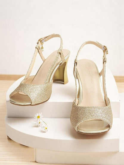 Slingback - Women's Gold Heels Glitter Sparkly Open-Toe