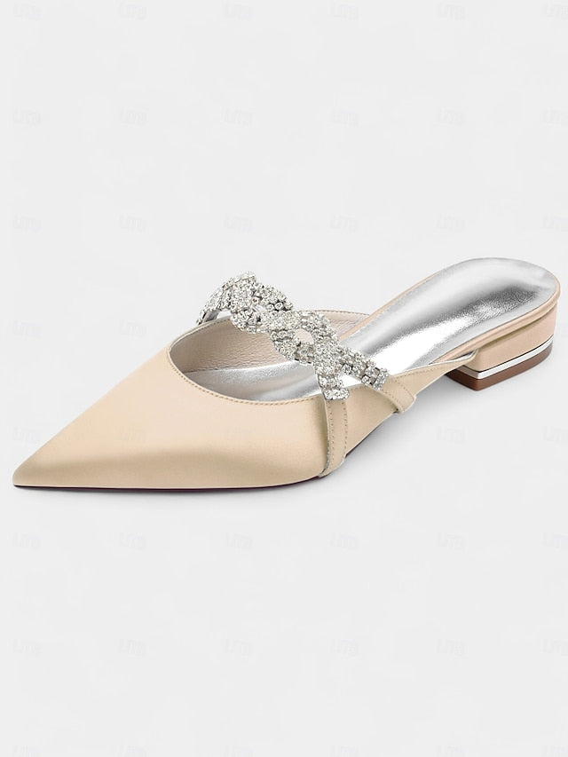 - Satin Blue Heels Mule Detailing with Rhinestone Pointed-Toe