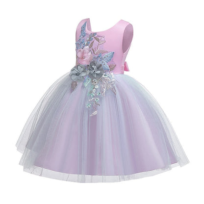 Purple Floral Blue Party Lace Girls' Dress Blushing Kids