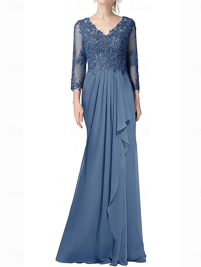 Length Floor of Neck A-Line the V Bride Mother Elegant Dress