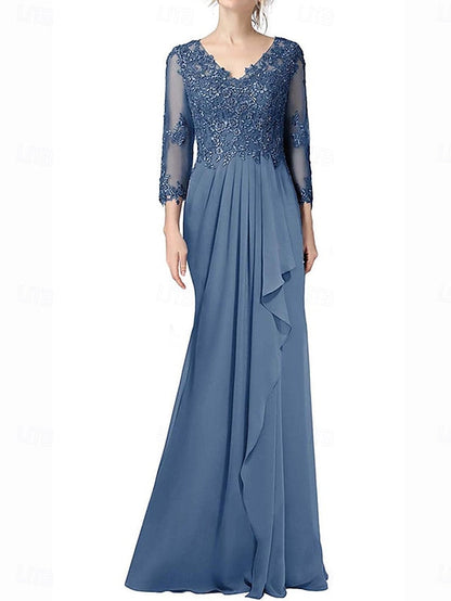 Length Floor of Neck A-Line the V Bride Mother Elegant Dress