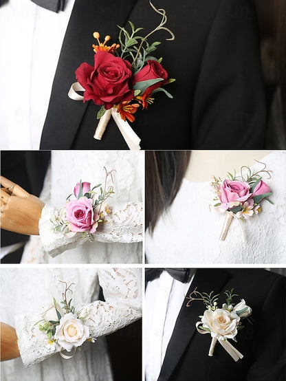 Corsage and Elegant Boutonniere – Artificial Wedding Wrist