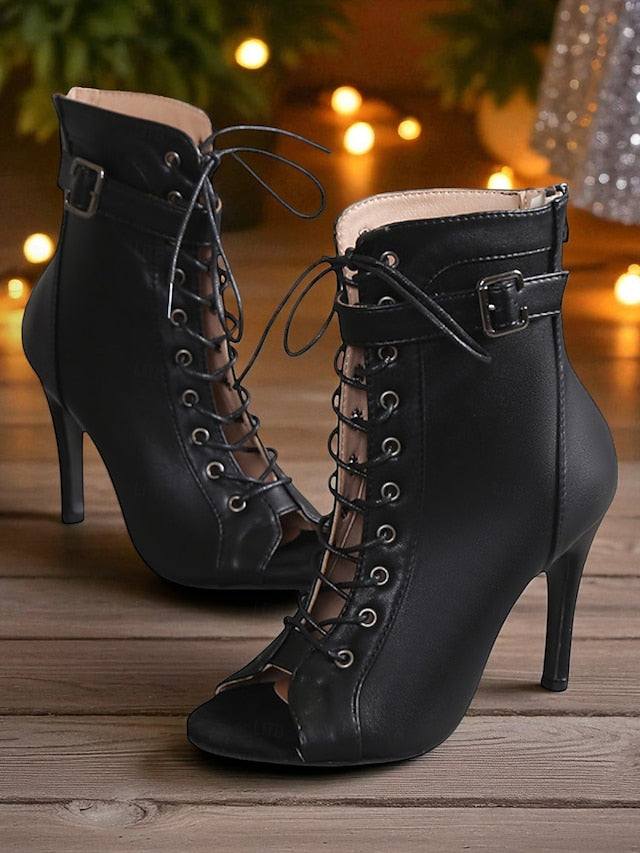 High Black Heel Stiletto Booties Toe Lace-Up Women's Peep -