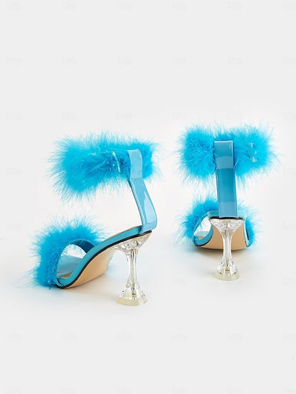 Feather-Embellished Heel with Sandals Turquoise Clear High