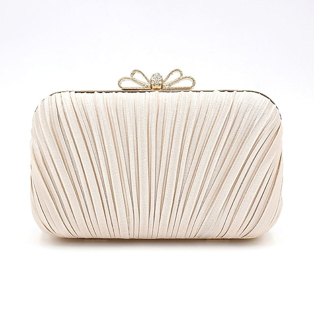Rhinestone Women's Bag Bow White – Pleated Elegant Clutch