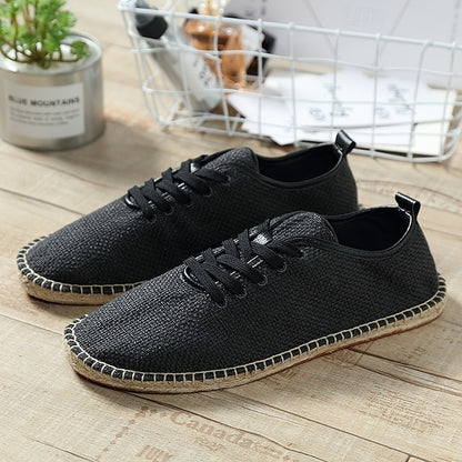 Men's Beige Canvas Lace-Up Espadrille Shoes with Jute Rope