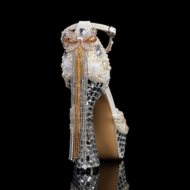 White Women's Rhinestone Embellished and Platform Pearl