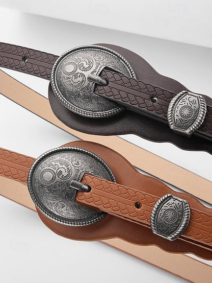 with Belt Waist Faux Leather Carved Women's Western Vintage