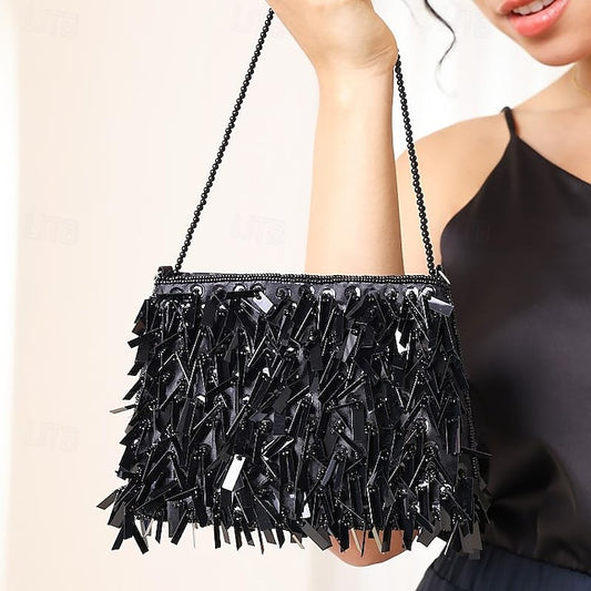 Fringe Crystal and Luxurious with Black Sparkling Clutch Evening