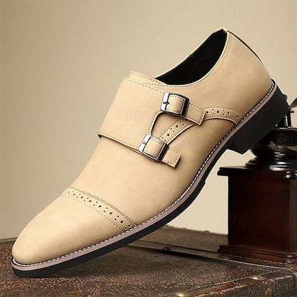 Double Beige Men's Leather Faux Monk with Strap Shoes