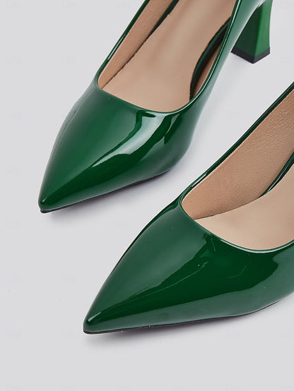 Leather Block Heel Glossy Pointed-Toe Pumps Green Patent Faux