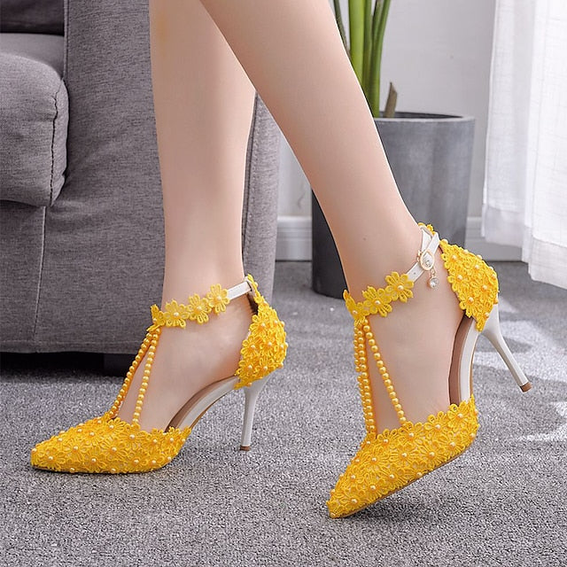 Lace Wedding Shoes Heel High Bridal Pointed Women's